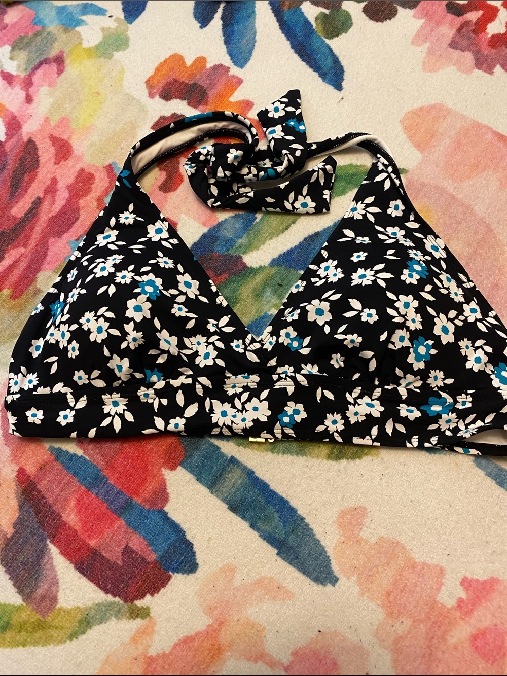 Anne Cole Black Floral Halter Bikini Top with White and Blue Flowers